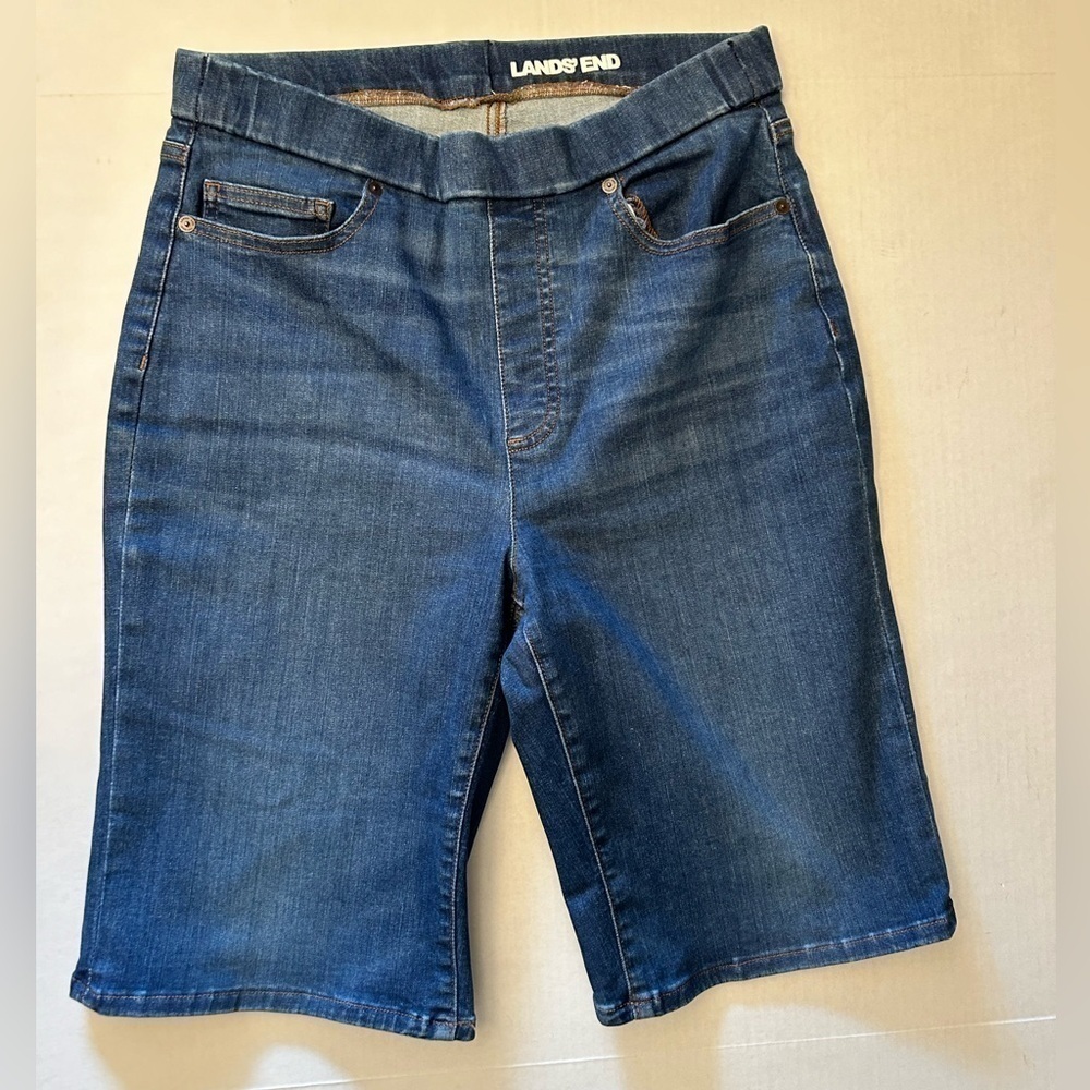 Lands‎ End Bermuda stretchy blue denim pull on shorts Sz-10 L8